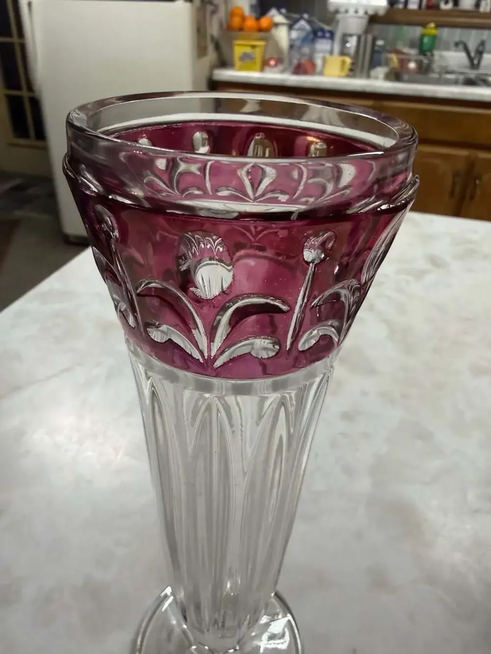Anna Hütte West German Lead Crystal Ruby Flashed Cut-to-Clear Floral Tulip Vase